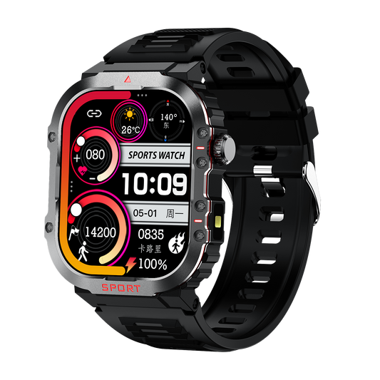 G45 Smartwatch – Blood Glucose & Heart Rate Monitoring with Waterproof Outdoor Sports Flashlight and Bluetooth Calling