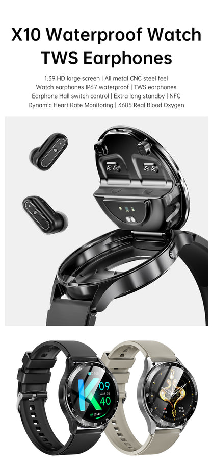 X10 Smartwatch with TWS Earbuds | 1.39" HD Screen, Waterproof, Bluetooth Call, Ultra-Thin Design